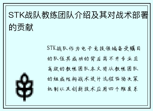 STK战队教练团队介绍及其对战术部署的贡献